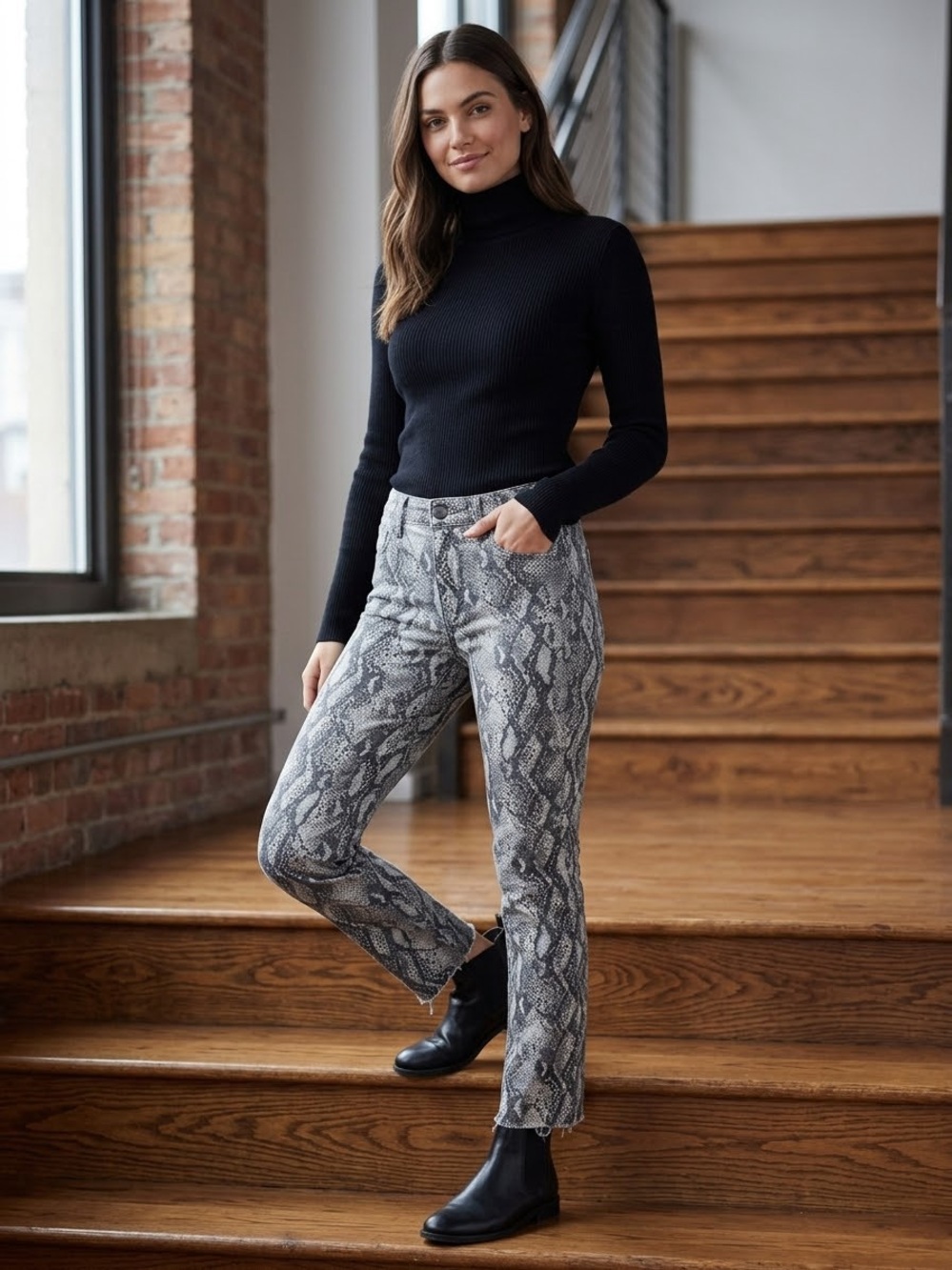 PAIGE Hoxton Slim Gray Snake-Print Straight-Leg Jeans. NWT